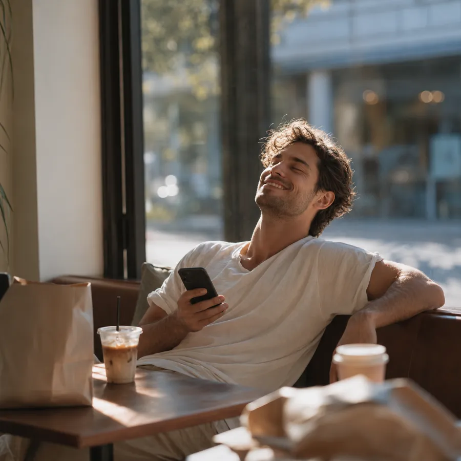 Zufriedener Gast teilt eine Empfehlung per Smartphone