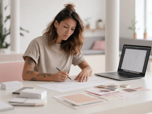Designerin skizziert ein Verpackungslayout am Schreibtisch