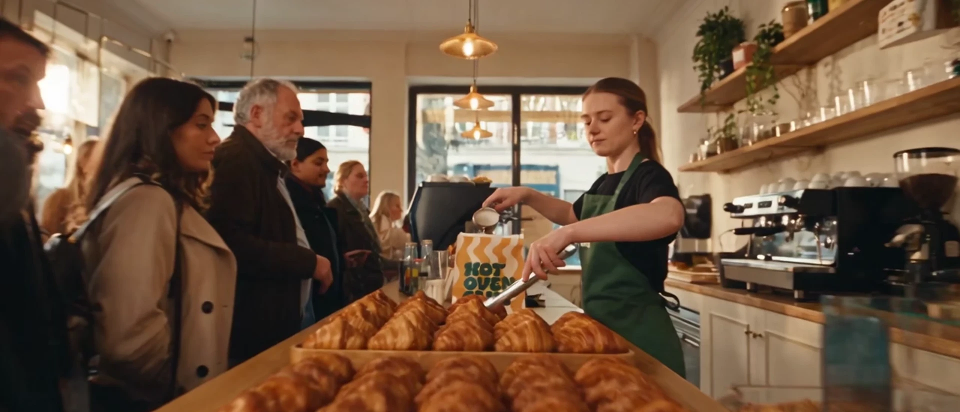 Barista reicht Croissants, bedruckte Papiertüte „Hot Oven Club“ auf der Theke